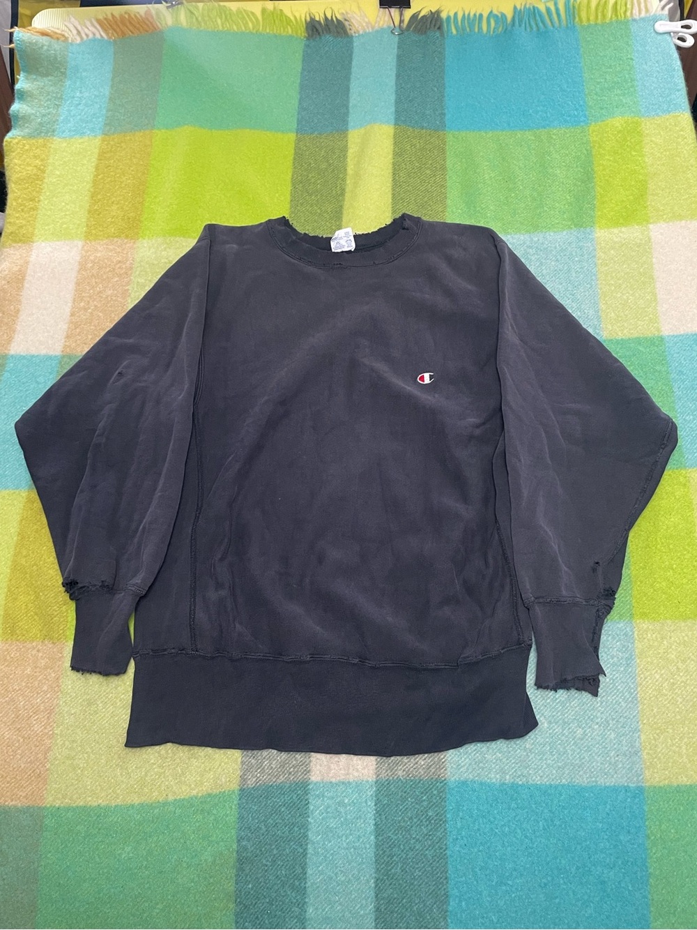 Vintage 90s Champion Reverse Weave Warm Up Distressed Sun Faded Crew Mens Navy
